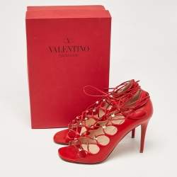 Valentino Red Leather Rockstud Ankle Tie Sandals Size 40