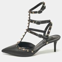 Valentino Black Leather Rockstud Ankle Strap Pumps Size 38.5