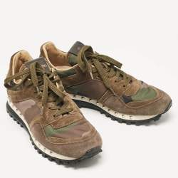 Pre Owned Valentino Green Nylon and Suede Rockrunner Low Top Sneakers Size 38