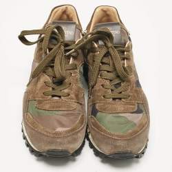 Pre Owned Valentino Green Nylon and Suede Rockrunner Low Top Sneakers Size 38