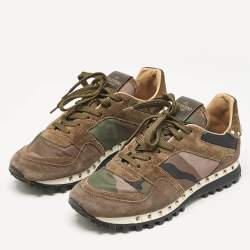 Pre Owned Valentino Green Nylon and Suede Rockrunner Low Top Sneakers Size 38