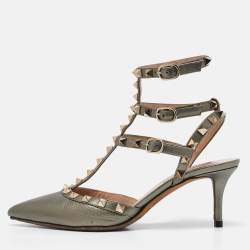 Valentino Grey Leather Rockstud Ankle Strap Pumps Size 36.5