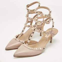 Pre Owned Valentino Dusty Pink Leather Rockstud Ankle Strap Pumps Size 37.5