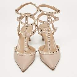 Pre Owned Valentino Dusty Pink Leather Rockstud Ankle Strap Pumps Size 37.5