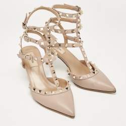 Pre Owned Valentino Dusty Pink Leather Rockstud Ankle Strap Pumps Size 37.5