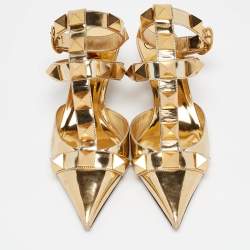 Pre Owned Valentino Gold Leather Roman Stud Ankle Strap Pumps Size 39
