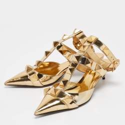 Pre Owned Valentino Gold Leather Roman Stud Ankle Strap Pumps Size 39