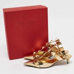 Pre Owned Valentino Gold Leather Roman Stud Ankle Strap Pumps Size 39