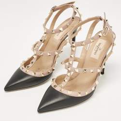 Pre Owned Valentino Black/Dusty Pink Leather Rockstud Ankle Strap Pumps Size 37.5