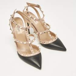 Pre Owned Valentino Black/Dusty Pink Leather Rockstud Ankle Strap Pumps Size 37.5