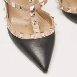 Pre Owned Valentino Black/Dusty Pink Leather Rockstud Ankle Strap Pumps Size 37.5