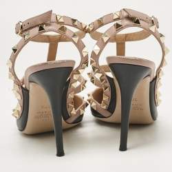 Pre Owned Valentino Black/Dusty Pink Leather Rockstud Ankle Strap Pumps Size 37.5