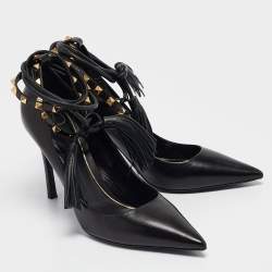 Pre Owned Valentino Black Leather Rockstud Ankle Wrap Pumps Size 40