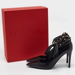 Pre Owned Valentino Black Leather Rockstud Ankle Wrap Pumps Size 40