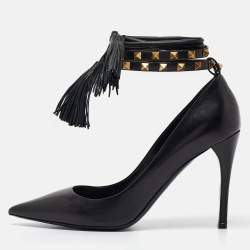 Pre Owned Valentino Black Leather Rockstud Ankle Wrap Pumps Size 40