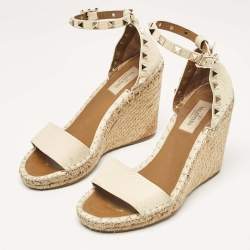 Valentino Cream Leather Rockstud Wedge Sandals Size 36