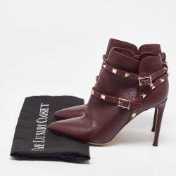 Pre Owned Valentino Burgundy Leather Rockstud Ankle Length Boots Size 37