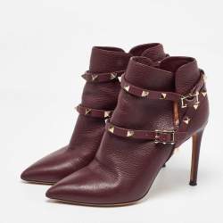 Pre Owned Valentino Burgundy Leather Rockstud Ankle Length Boots Size 37
