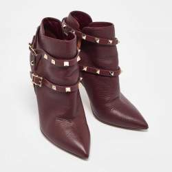 Pre Owned Valentino Burgundy Leather Rockstud Ankle Length Boots Size 37