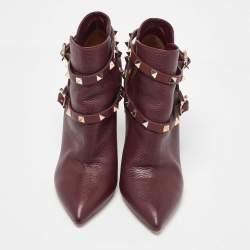 Pre Owned Valentino Burgundy Leather Rockstud Ankle Length Boots Size 37