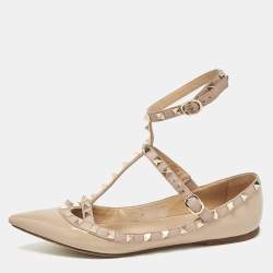 Pre Owned Valentino Beige Patent and Leather Rockstud Ballet Flats Size 38