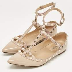 Pre Owned Valentino Beige Patent and Leather Rockstud Ballet Flats Size 38