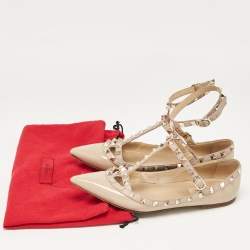 Pre Owned Valentino Beige Patent and Leather Rockstud Ballet Flats Size 38