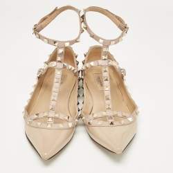 Pre Owned Valentino Beige Patent and Leather Rockstud Ballet Flats Size 38