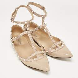 Pre Owned Valentino Beige Patent and Leather Rockstud Ballet Flats Size 38
