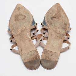 Pre Owned Valentino Blue/Light Pink Leather Rockstud Mule Flats Size 39