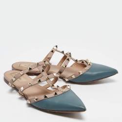 Pre Owned Valentino Blue/Light Pink Leather Rockstud Mule Flats Size 39