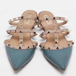 Pre Owned Valentino Blue/Light Pink Leather Rockstud Mule Flats Size 39