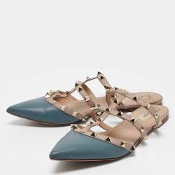 Pre Owned Valentino Blue/Light Pink Leather Rockstud Mule Flats Size 39