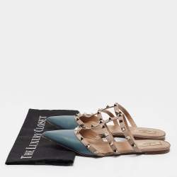 Pre Owned Valentino Blue/Light Pink Leather Rockstud Mule Flats Size 39