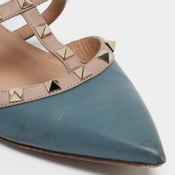 Pre Owned Valentino Blue/Light Pink Leather Rockstud Mule Flats Size 39