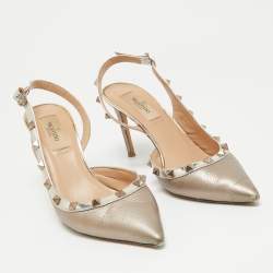 Valentino Metallic Beige Patent and Leather Rockstud Slingback Pumps Size 38