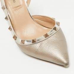 Valentino Metallic Beige Patent and Leather Rockstud Slingback Pumps Size 38