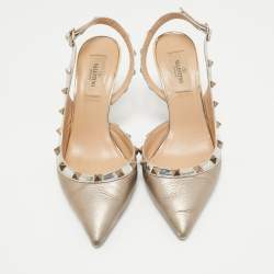 Valentino Metallic Beige Patent and Leather Rockstud Slingback Pumps Size 38