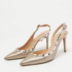 Valentino Metallic Beige Patent and Leather Rockstud Slingback Pumps Size 38