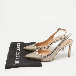 Valentino Metallic Beige Patent and Leather Rockstud Slingback Pumps Size 38