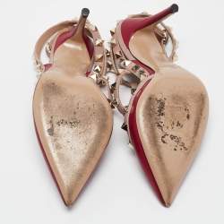 Pre Owned Valentino Burgundy/Dusty Pink Leather Rockstud Ankle Strap Pumps Size 35.5