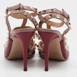 Pre Owned Valentino Burgundy/Dusty Pink Leather Rockstud Ankle Strap Pumps Size 35.5