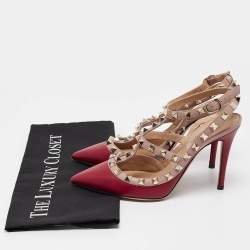 Pre Owned Valentino Burgundy/Dusty Pink Leather Rockstud Ankle Strap Pumps Size 35.5