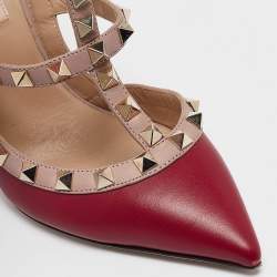 Pre Owned Valentino Burgundy/Dusty Pink Leather Rockstud Ankle Strap Pumps Size 35.5