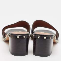 Pre Owned Valentino Black Leather Rockstud Slide Sandals Size 35.5