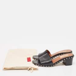 Pre Owned Valentino Black Leather Rockstud Slide Sandals Size 35.5