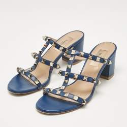 Valentino Blue Leather Rockstud Slide Sandals Size 37