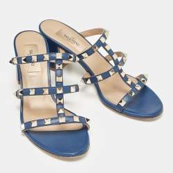 Valentino Blue Leather Rockstud Slide Sandals Size 37