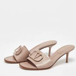 Pre Owned Valentino Dusty Pink Leather Escape V logo Slide Sandals Size 40.5