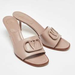 Pre Owned Valentino Dusty Pink Leather Escape V logo Slide Sandals Size 40.5
